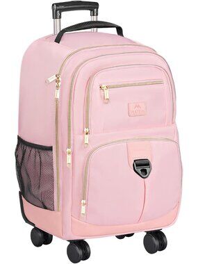 Pink Rolling Backpack, Roller Laptop Bag with 4 Spinner Wheels | 18 inch Extra L